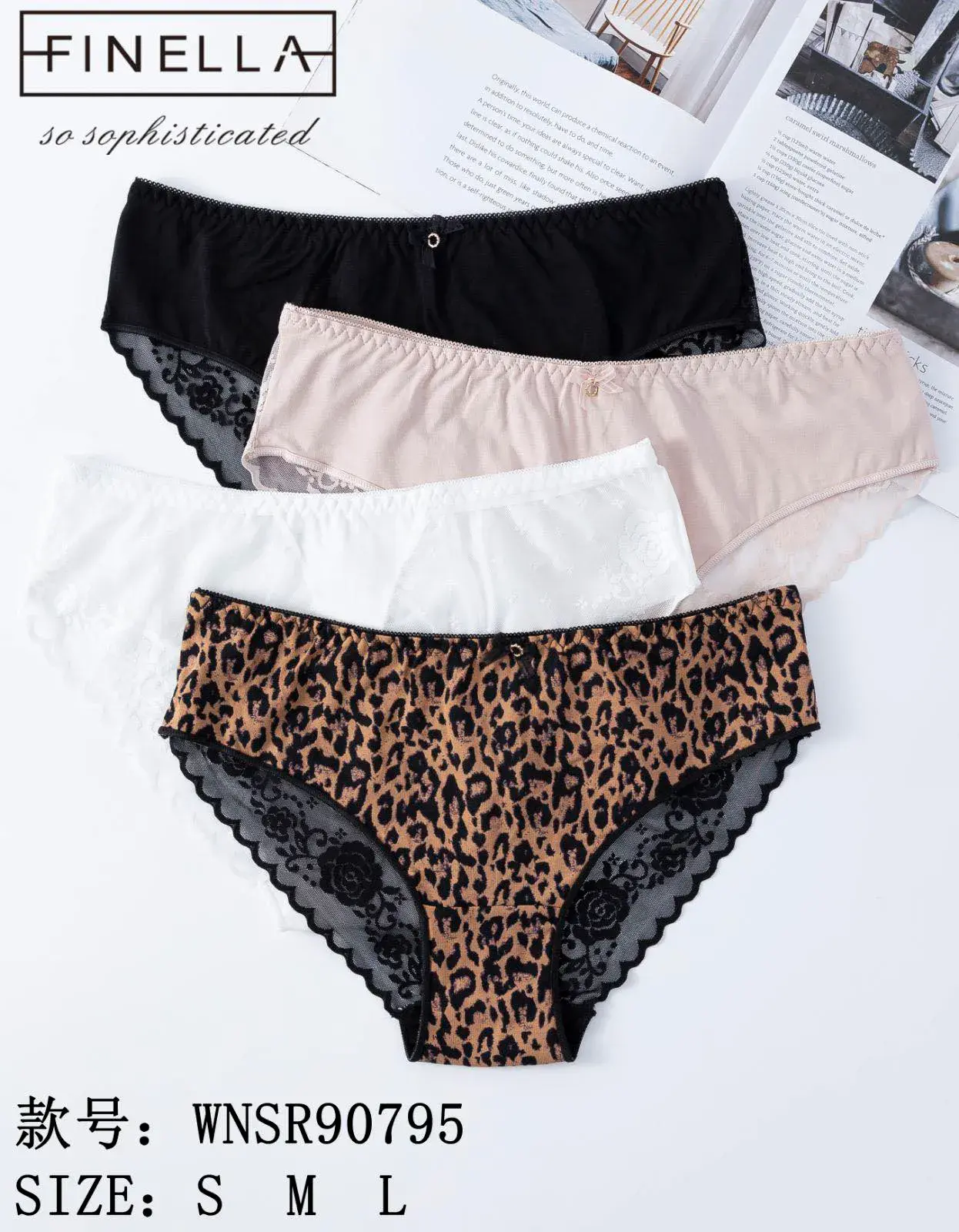 Majtki damskie Finella 4 szt. S/M/L czarny/beż/biały/leopard