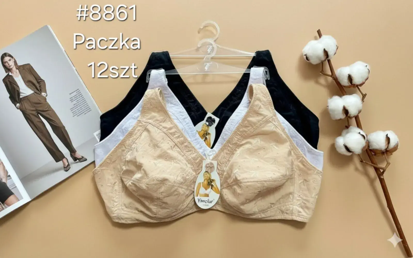 Biustonosz Damski D-DD beżowy/czarny, paczka 12 szt