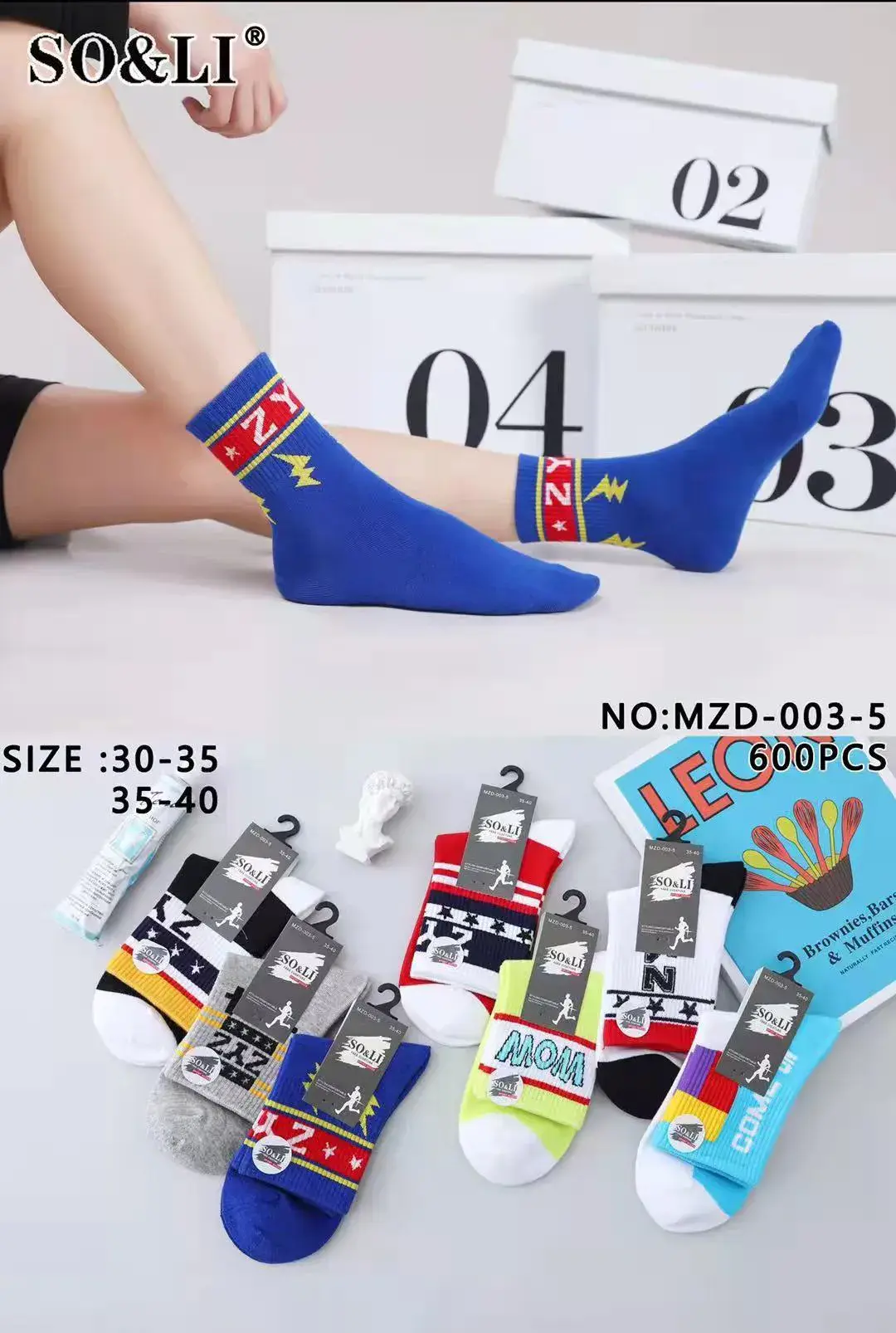 Skarpetki damskie SO&LI niebieskie z wzorem błyskawicy 30-35/35-40
