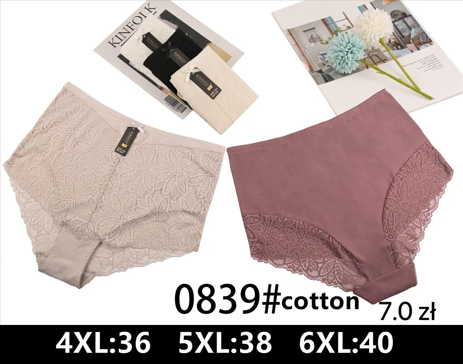 Majtki damskie bawełniane 4XL-6XL koronka beżowo-różowe