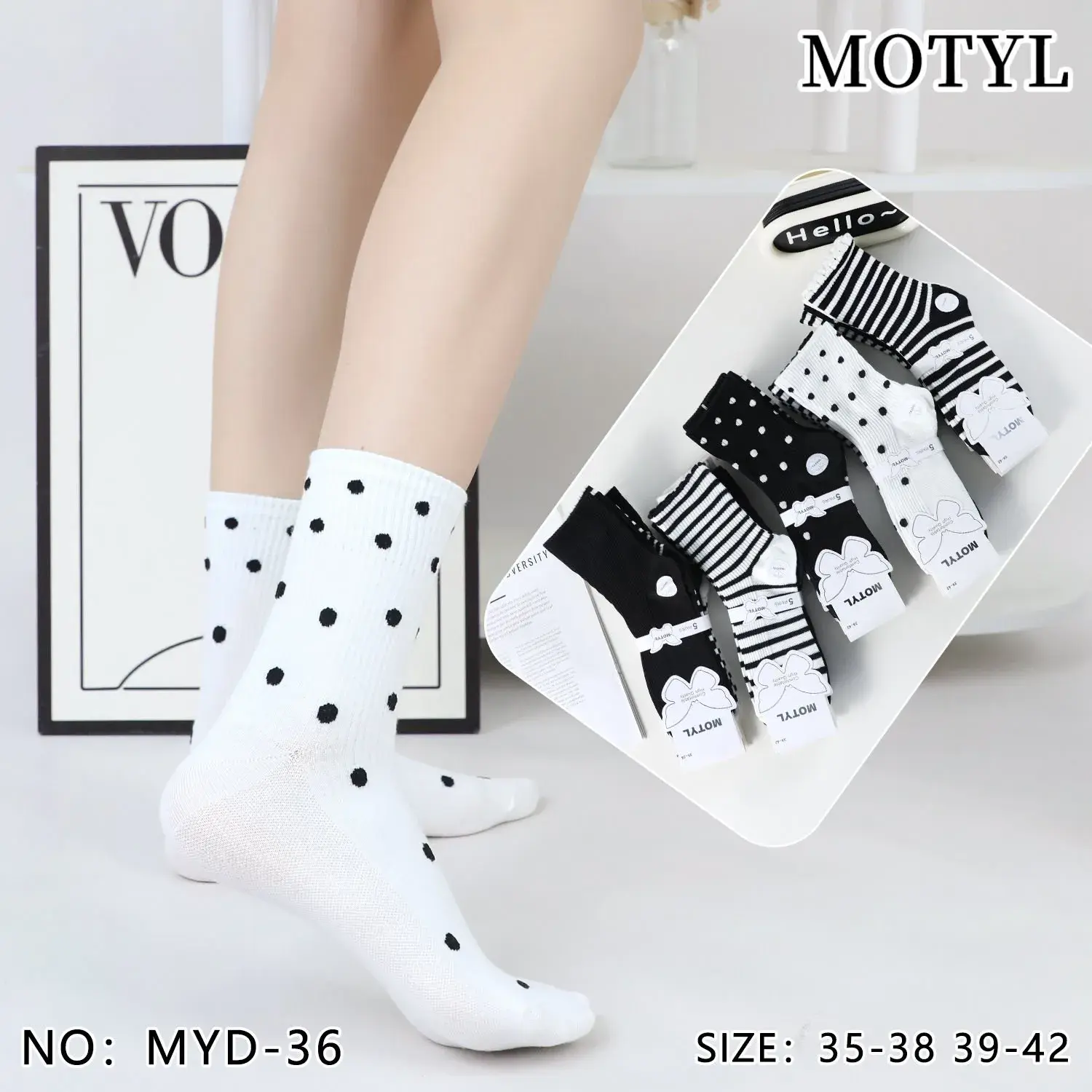Skarpetki damskie Motyle białe czarne kropki roz. 35-38/39-42