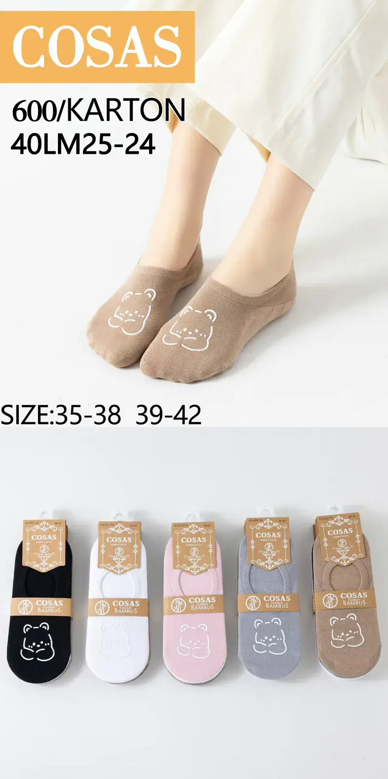 Skarpetki damskie COSASAS z misiem, 5 kolorów, 40ML25-24