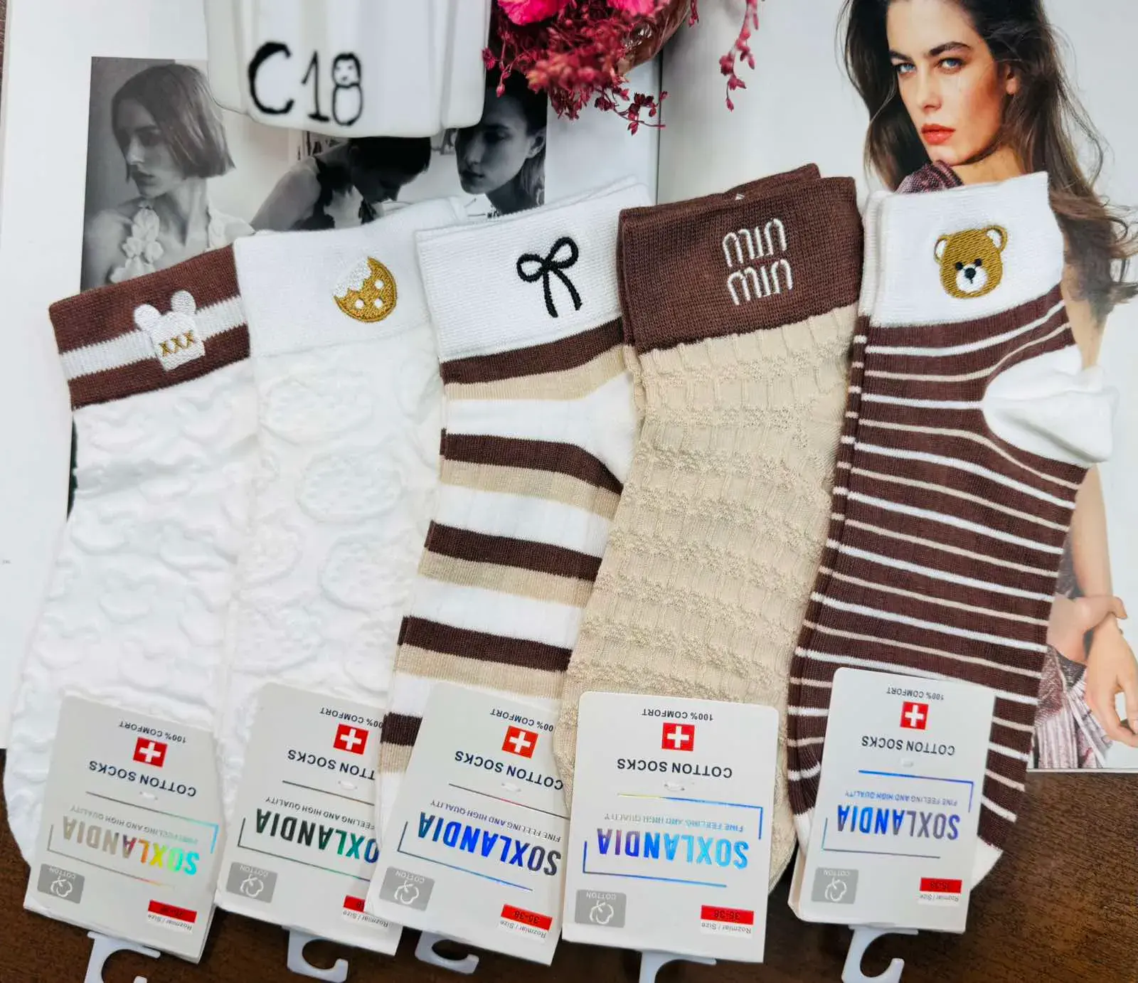 Skarpetki damskie bawełniane z misiem Miniso, 5 szt