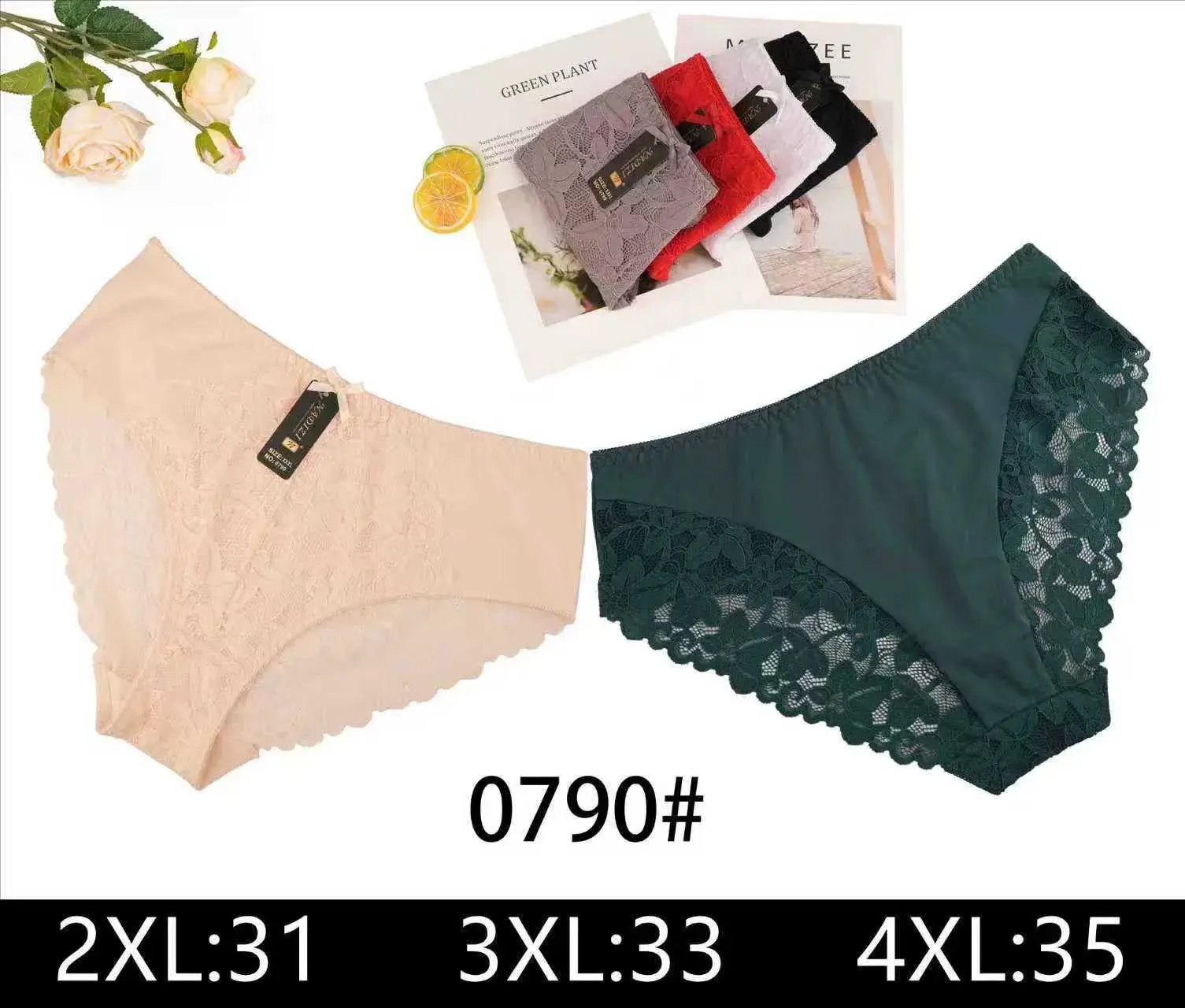 Majtki damskie 2XL-4XL beżowe i zielone koronka