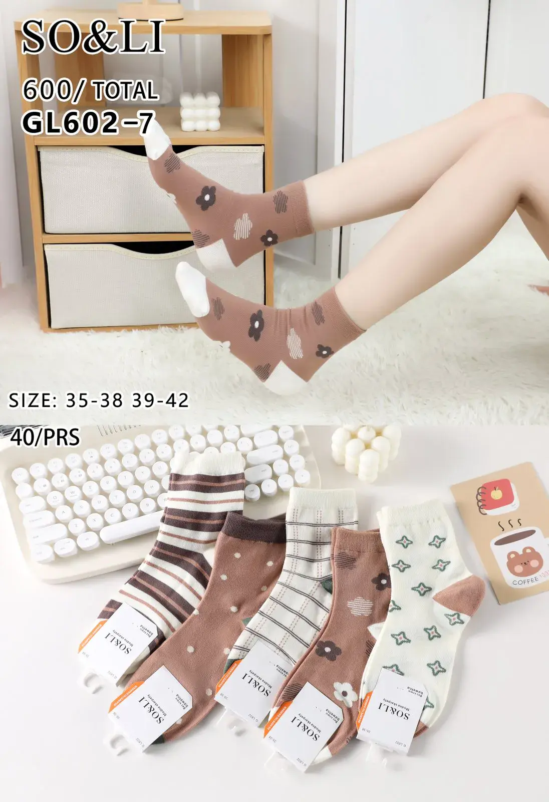 Skarpetki damskie SO&LI GL602-7 z misiem, rozmiar 35-39/40-42
