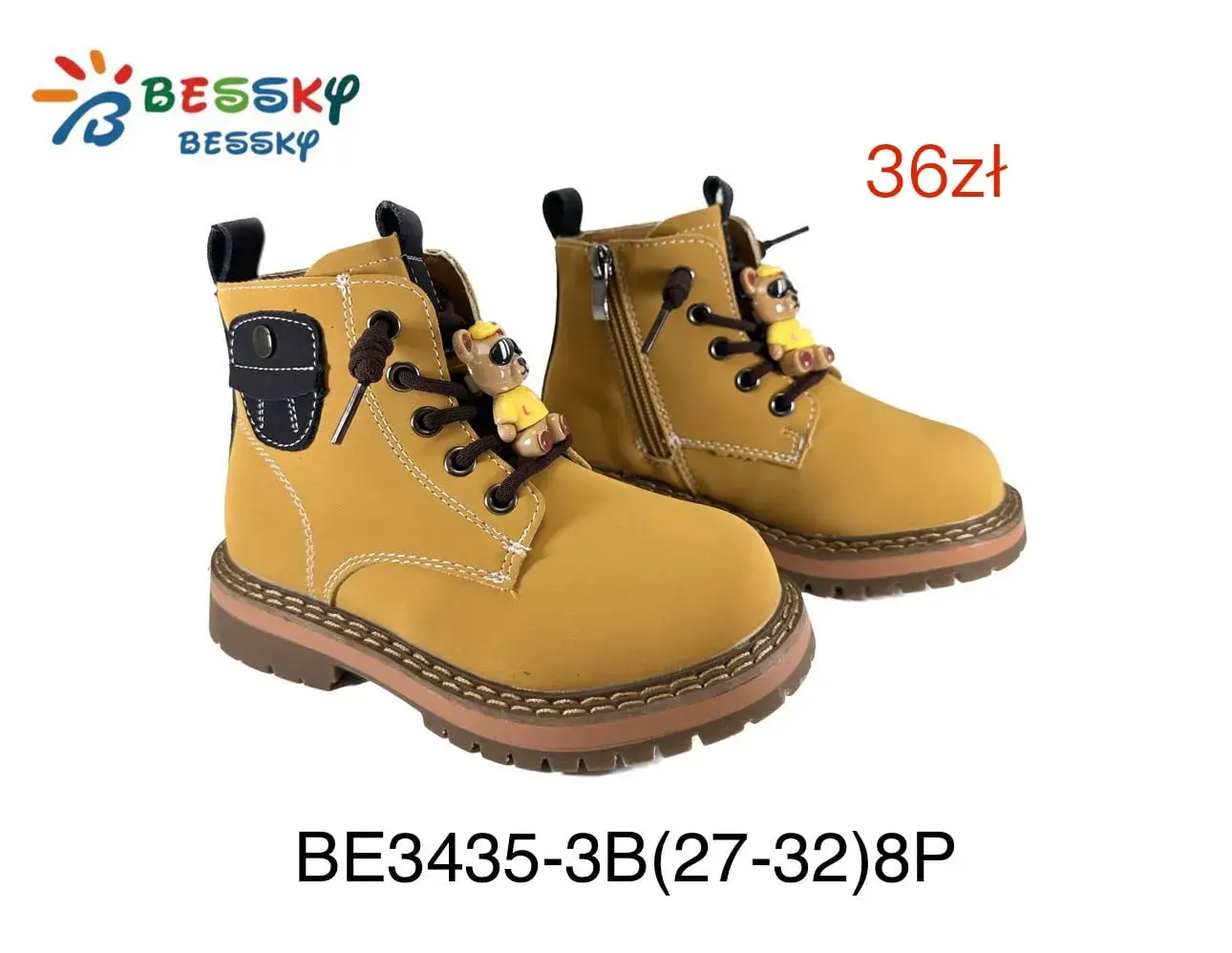 Botki dziewczęce BESSKY miodowe z misiem, rozmiary