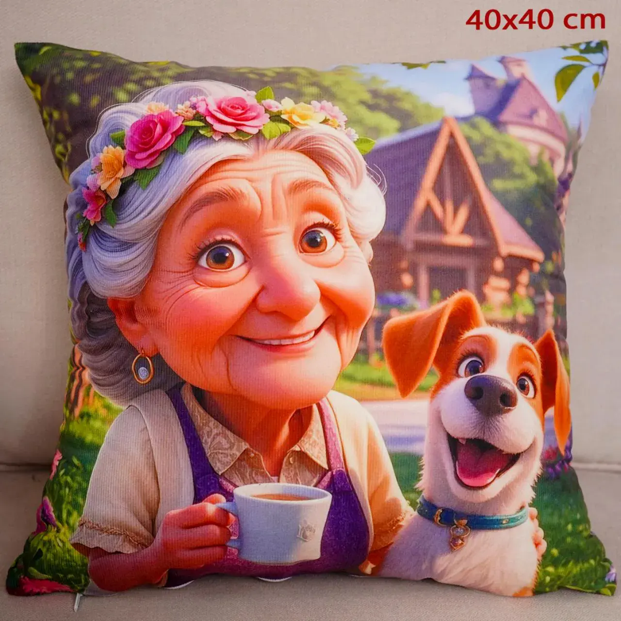 Poszewka drukowana Babcia i Dziadek z psem 40x40 cm