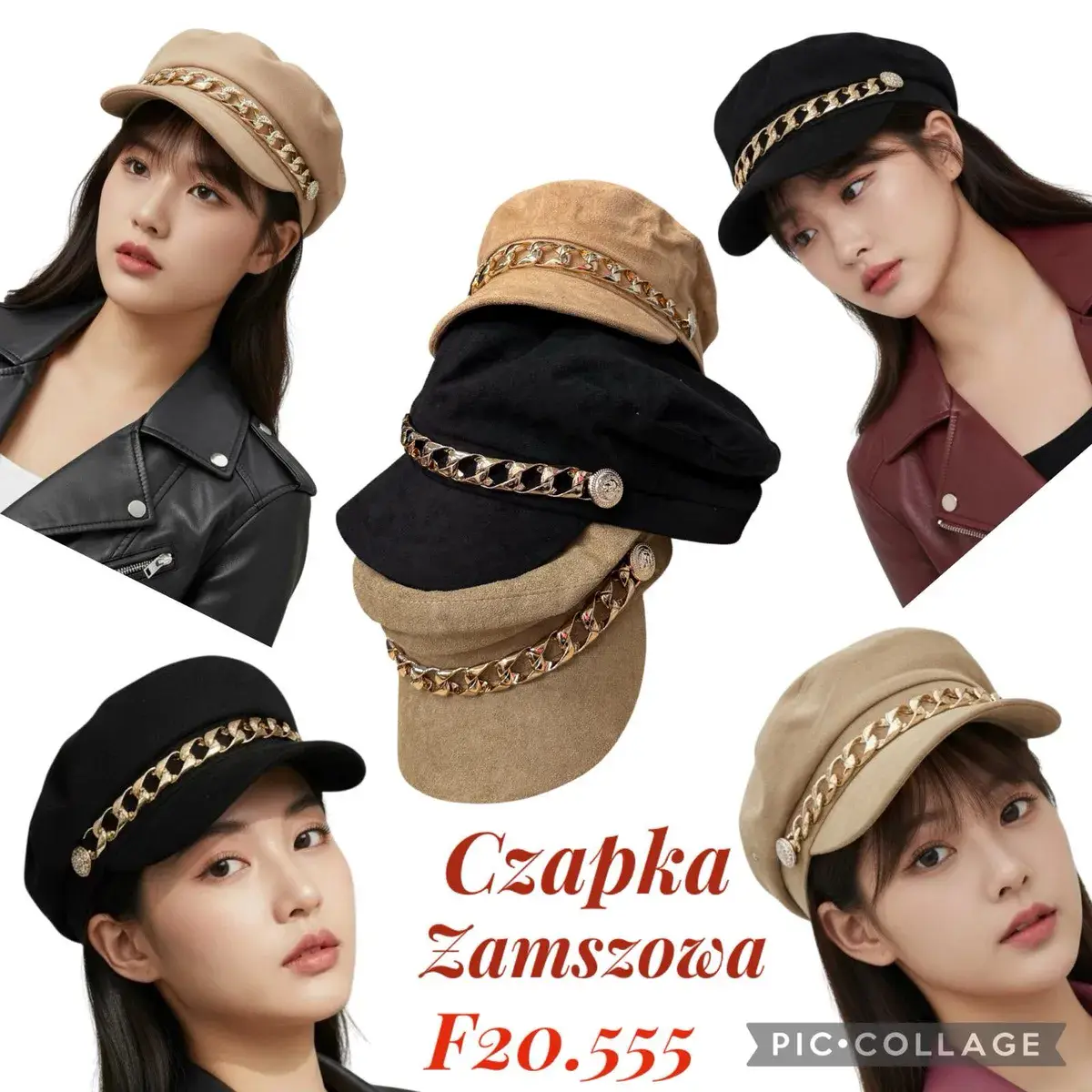 Czapka zamszowa damska z łańcuszkiem złotym F20.555 beżowa i czarna