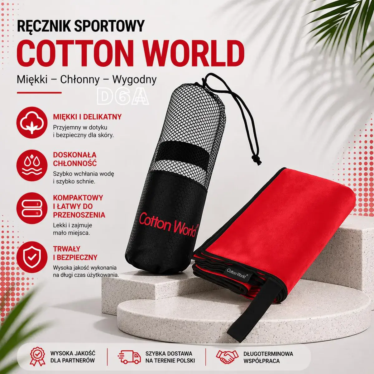 Ręcznik Sportowy Cotton World Czerwony 100x180cm
