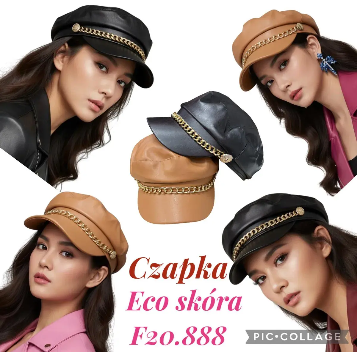 Czapka damska Eco Skóra z łańcuszkiem złotym modna