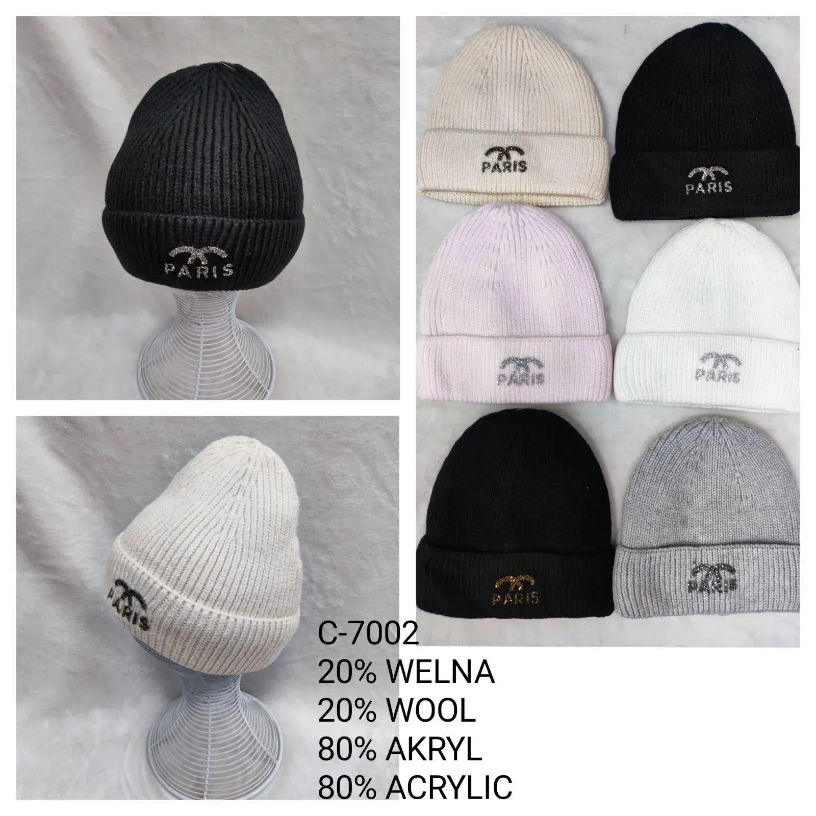 Czapki damskie beanie Paris C-7002 wełna akryl