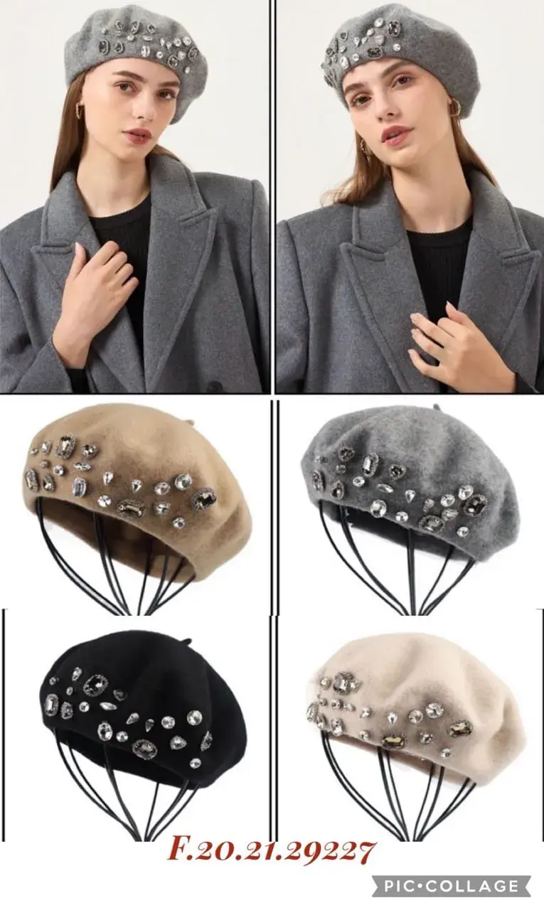 Czapka Damska Beret z Ozdobnymi Kamieniami i Cyrkoniami - Mix