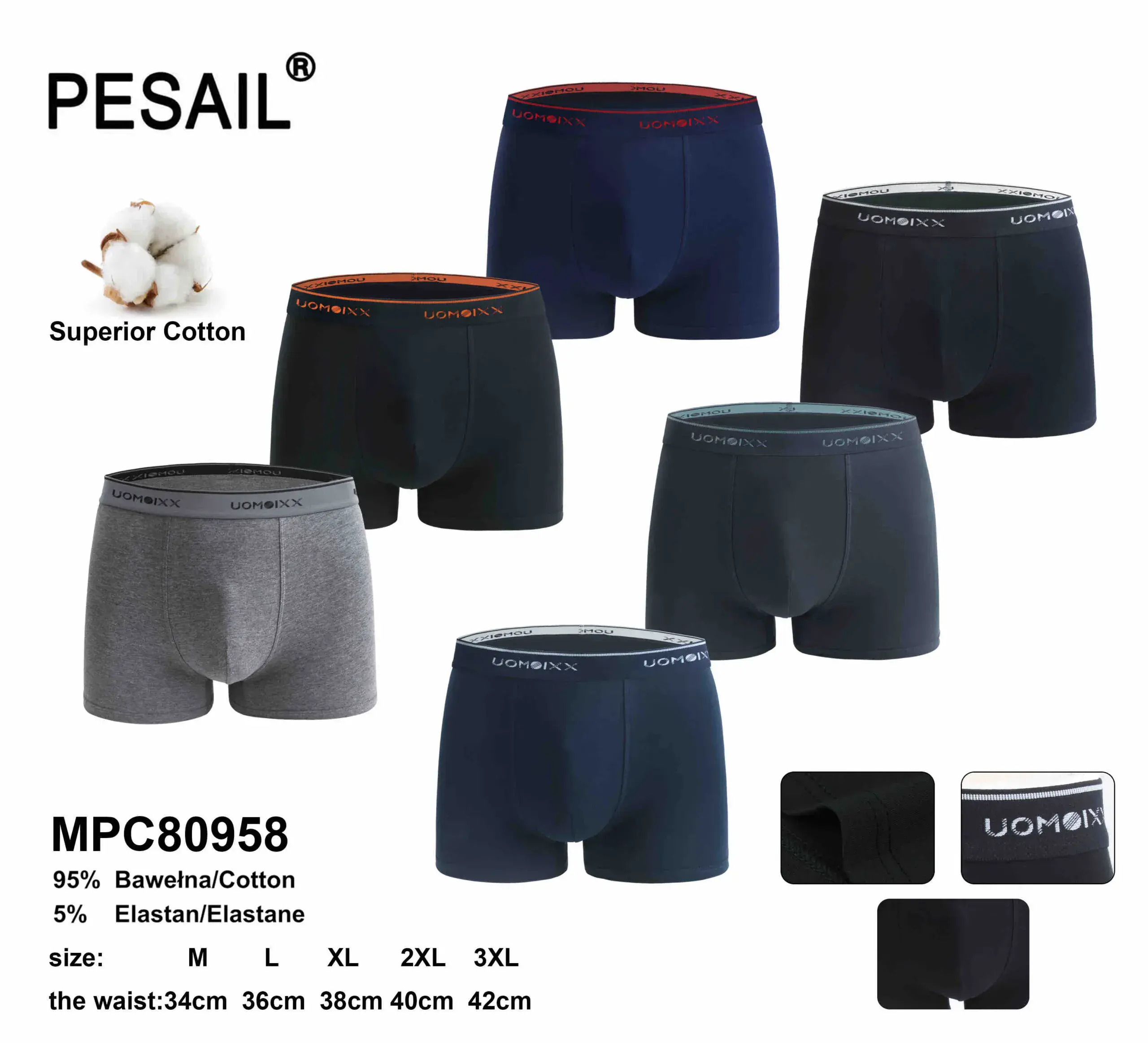 Bokserki męskie PESASAIL 95% Bawełna 5% Elastan S-3XL