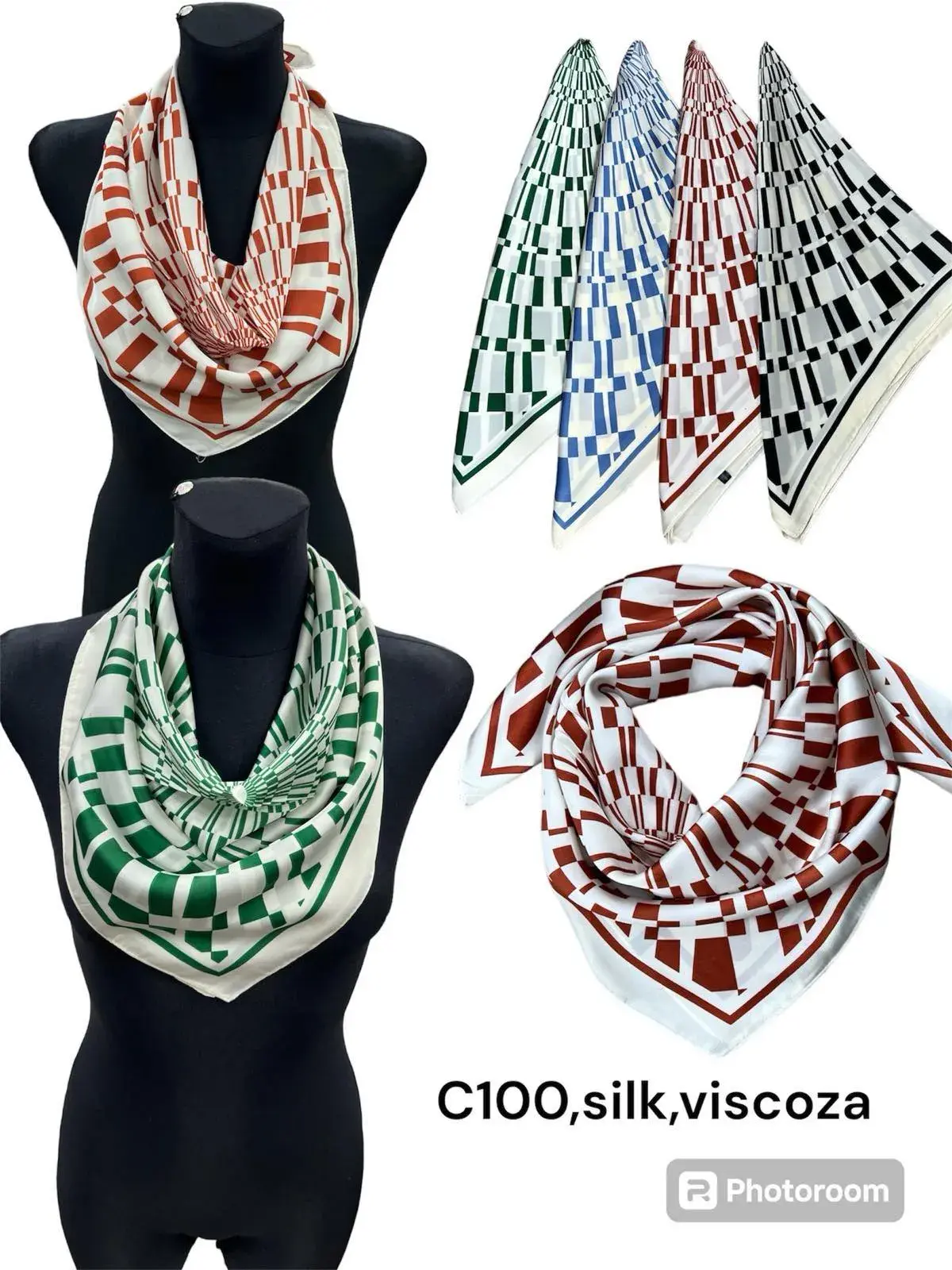 Szalik damski apaszka jedwab i wiskoza, wzór geometryczny