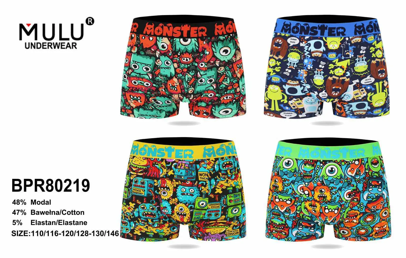 Bokserki chłopięce MULU MONSTER bawełna modal mix 24szt