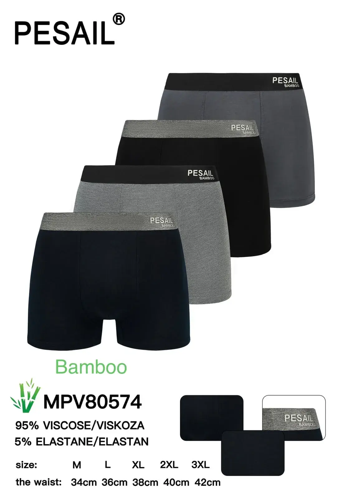 Bokserki męskie Pesail Bamboo 95% wiskoza XL 5 szt