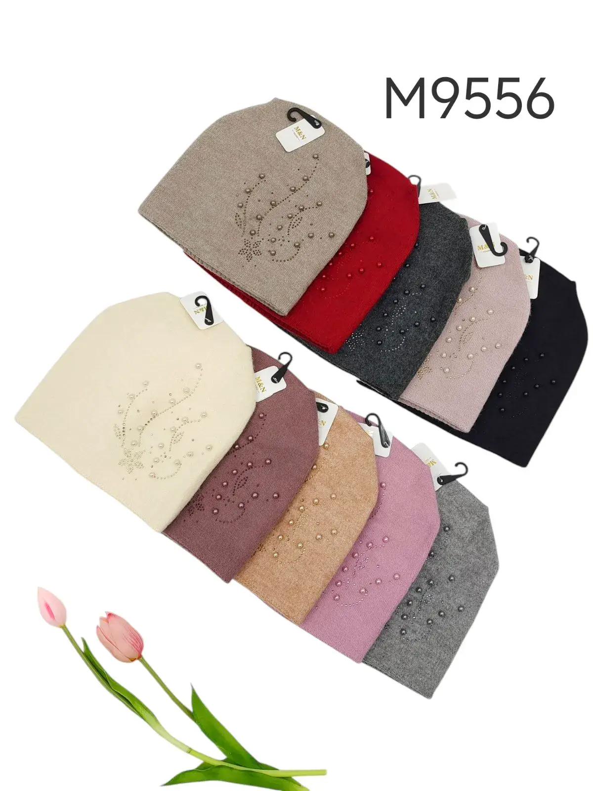 Czapki damskie beanie z haftem M9556, 12 szt