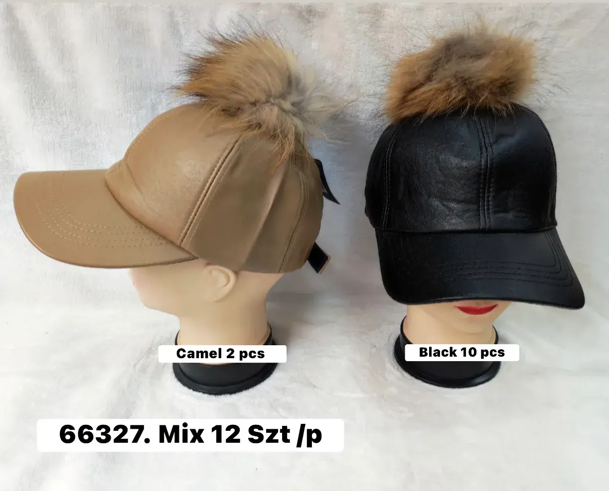 Czapki damskie z futrzaną pomponem Mix 12 szt Camel 2/Black 10