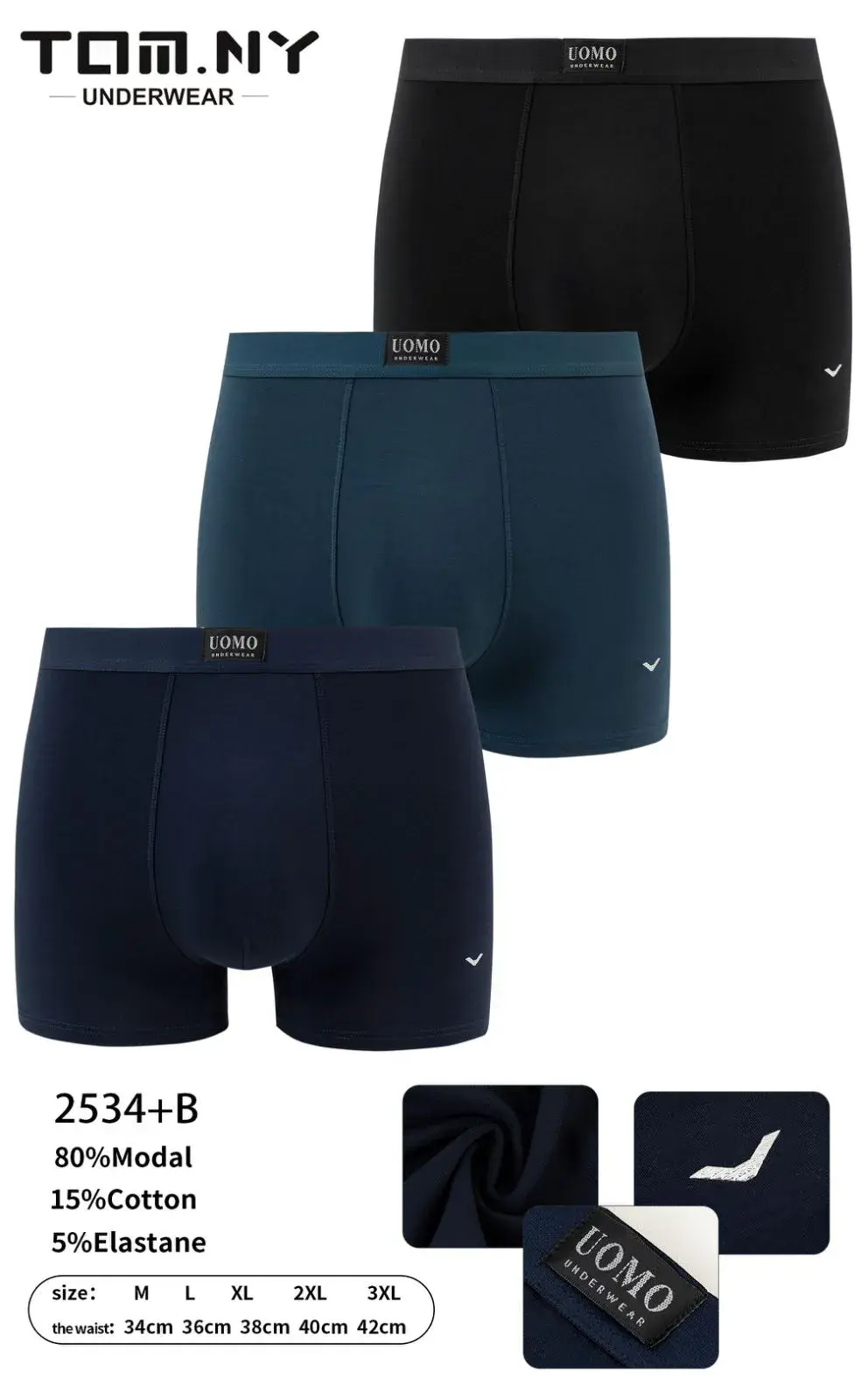 Bokserki męskie TOM.NY 3 szt. 80% bawełna S-XXL