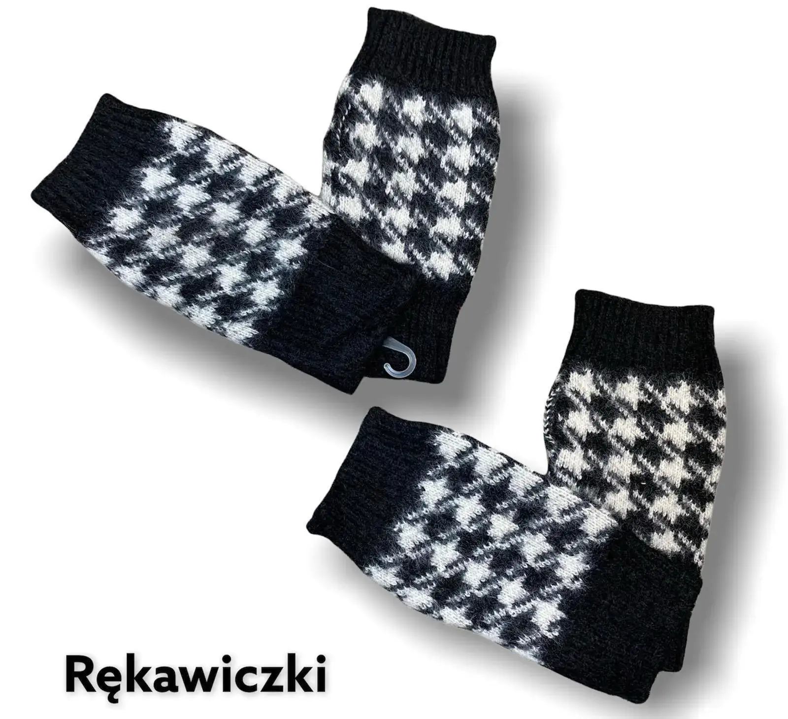 Rękawiczki damskie bez palców w kratę czarno-białą