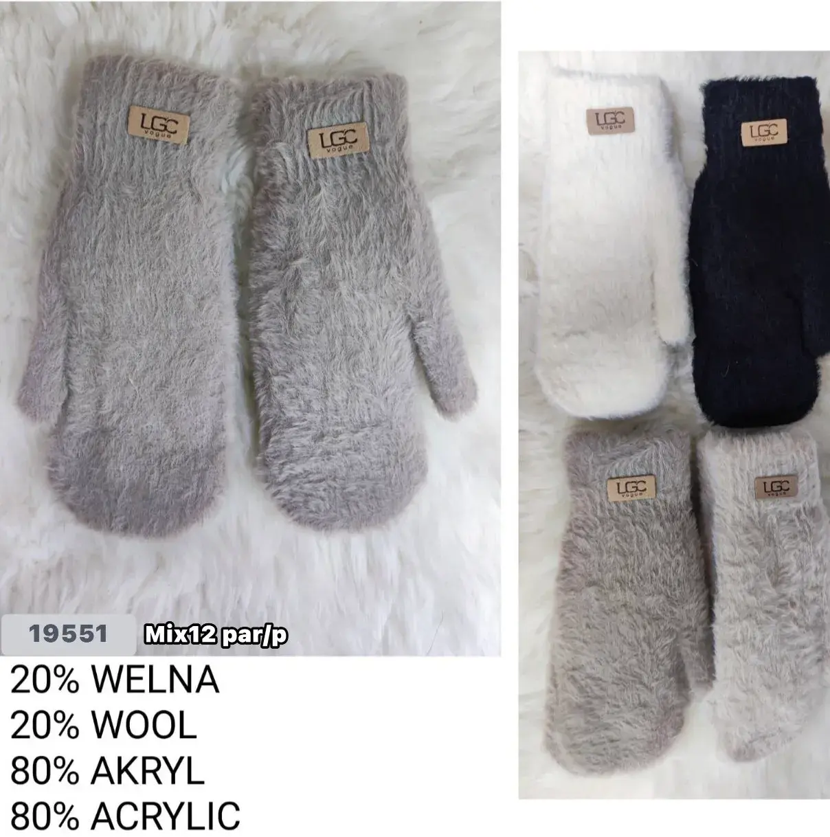 Rękawiczki damskie futrzane mix 4 kolory 20% wełna 80% akryl