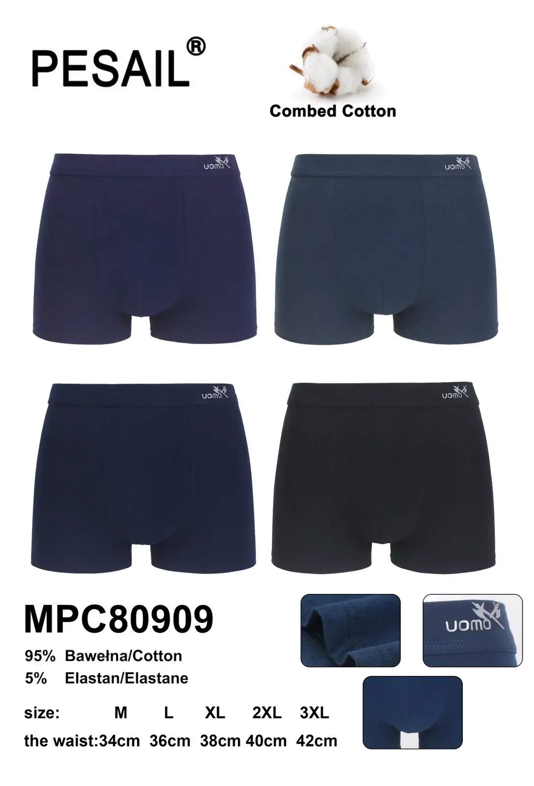 Bokserki męskie Pesail Combed Cotton M-L-XL-XXL granat/czarny