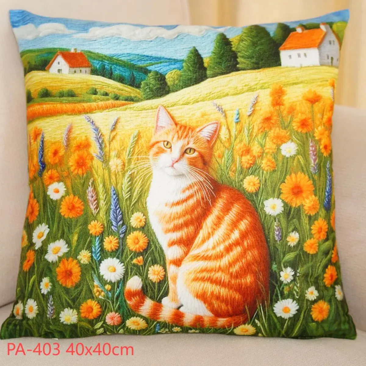 Poszewka dekoracyjna z kotem i kwiatami 40x40 cm