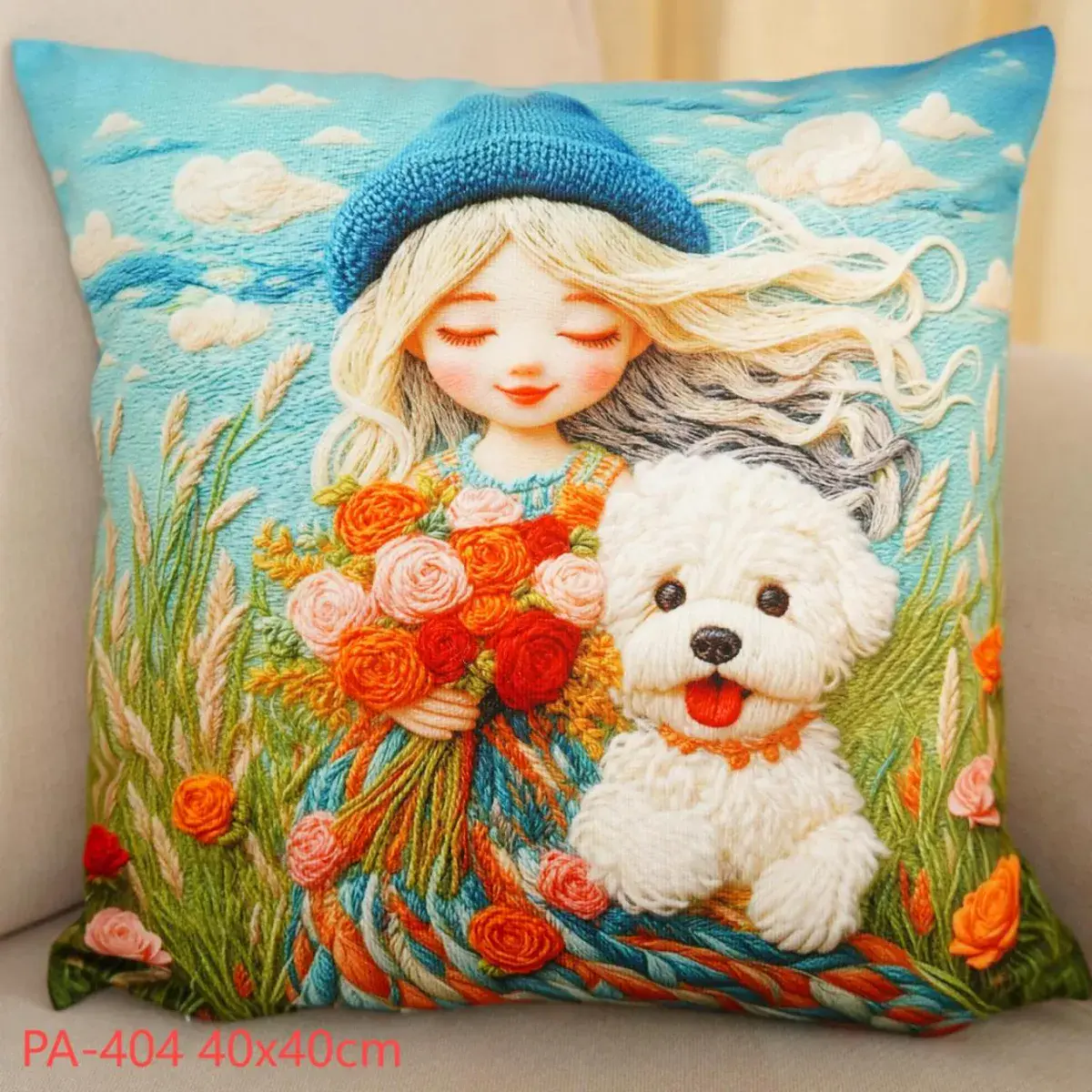 Poszewka dekoracyjna z haftem dziewczynka z psem 40x40 cm