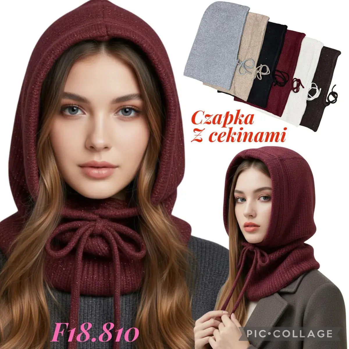 Czapka z cekinami damska z sznurkiem mix kolorów F18.810