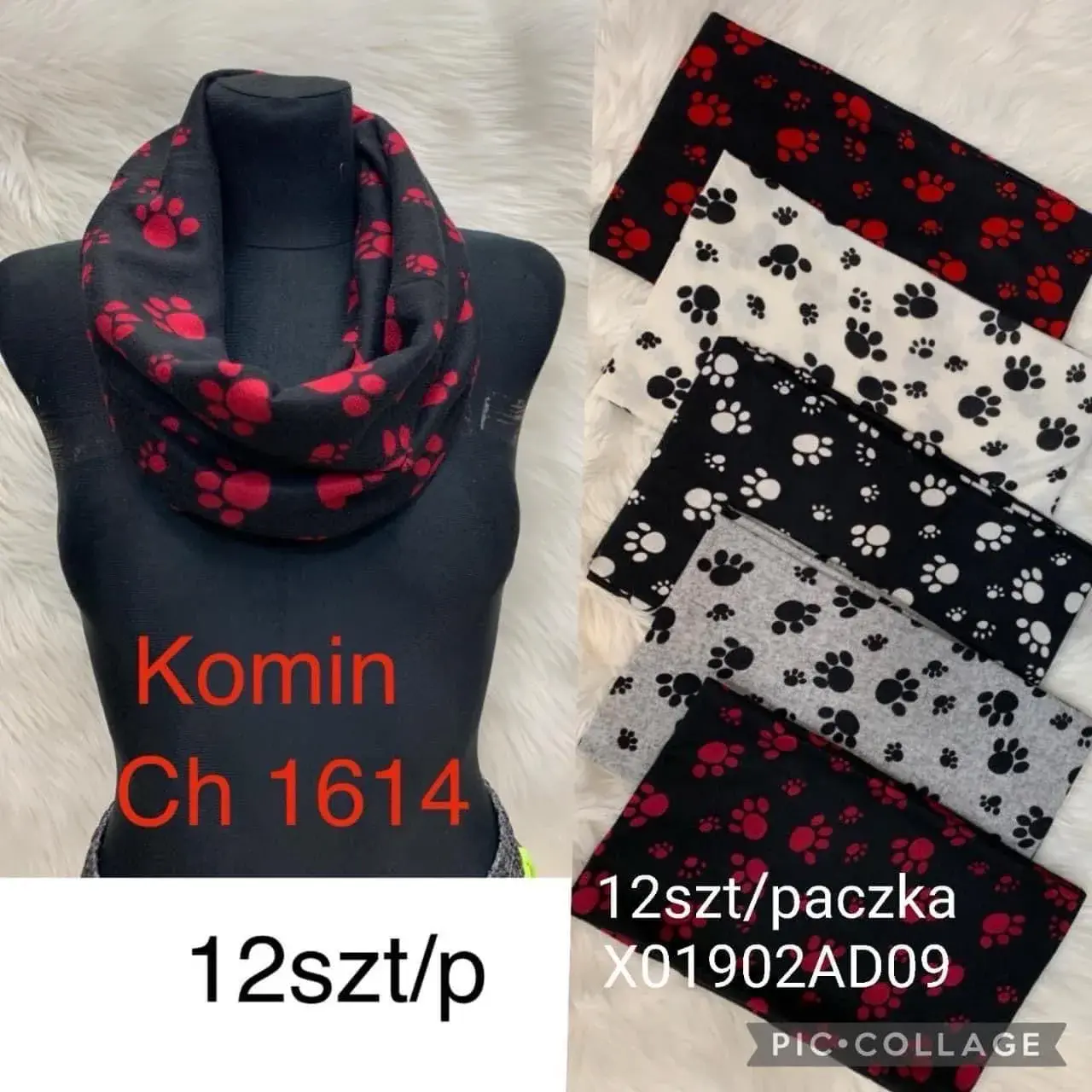 Szalik damski komin w łapki Ch 1614, mix kolorów, 12 szt.