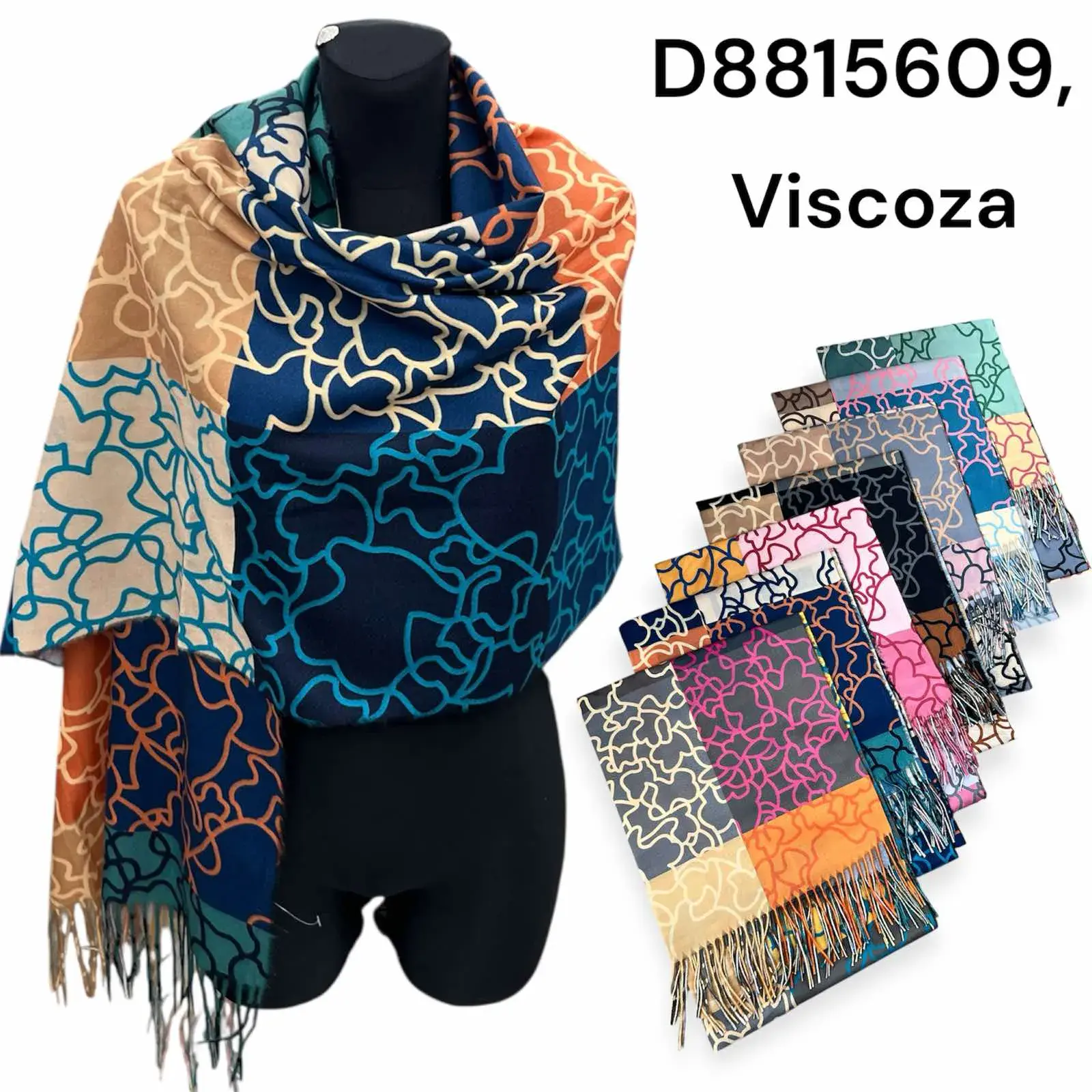 Szalik damski wiskoza wzór patchwork z frędzlami D8815609