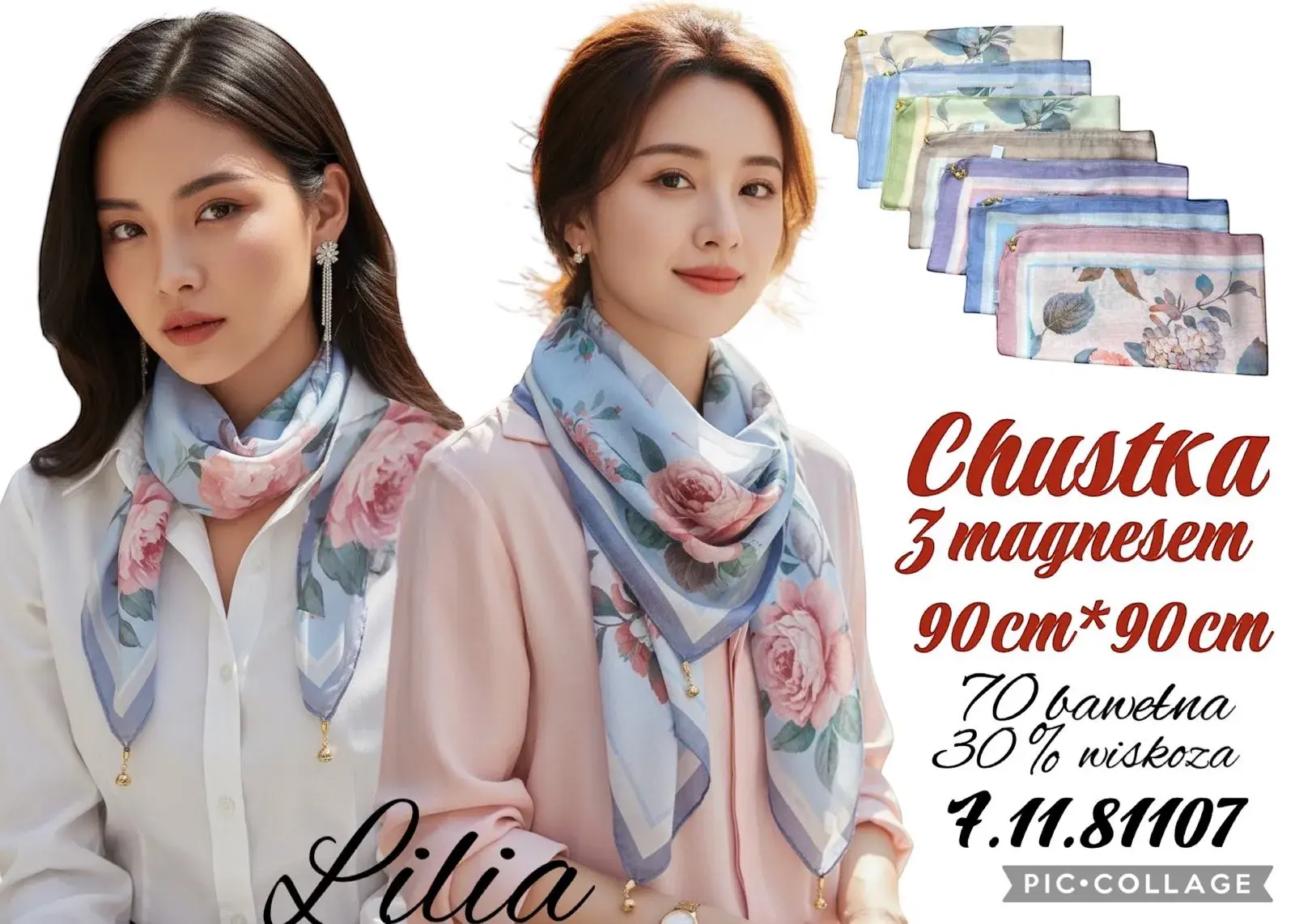 Chusta Damska Kwiatowa 90x90 cm 30% jedwab