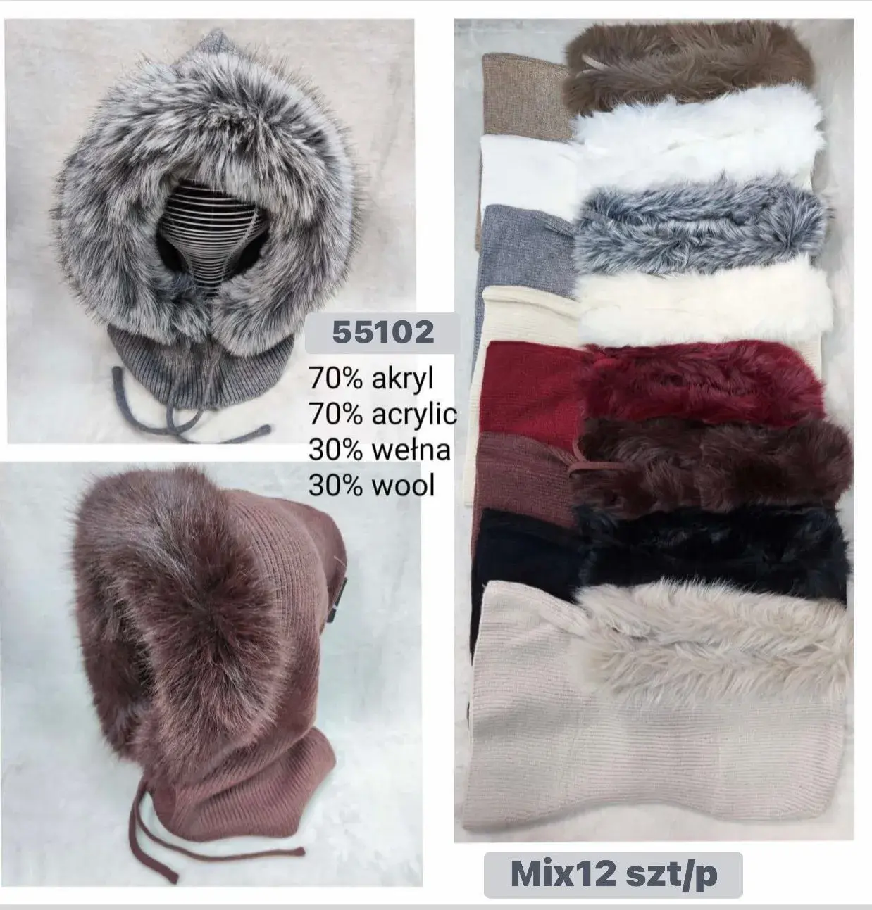 Czapki damskie z futerkiem 70% akryl 30% wełna mix 12 szt