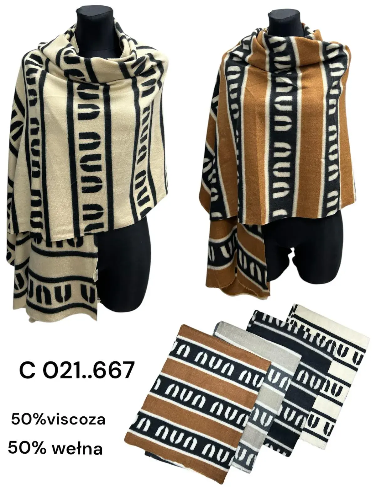 Szalik damski wełniany z wiskozą 50/50, wzór geometryczny, mix kolorów