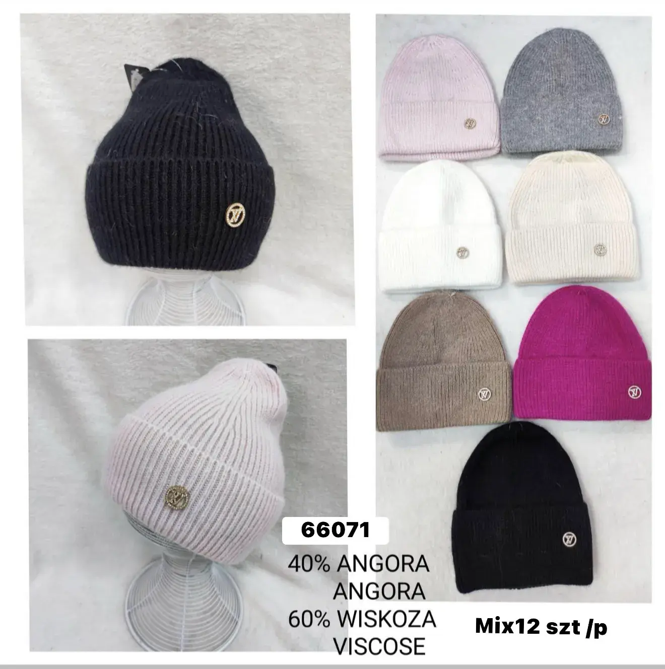 Czapki damskie beanie z angorą 40-60% Mix 12 szt