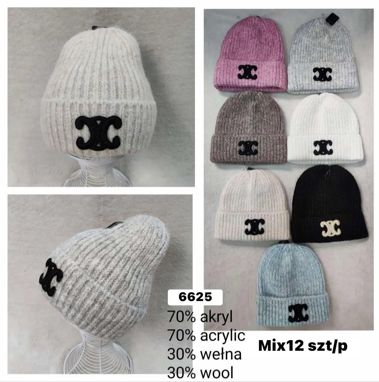 Czapki damskie beanie 70% akryl 30% wełna Mix 12 szt