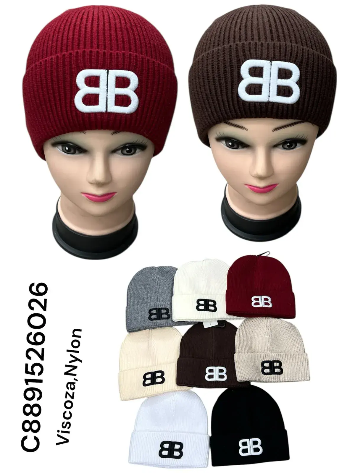 Czapki damskie beanie z naszyciem BB, 10 szt