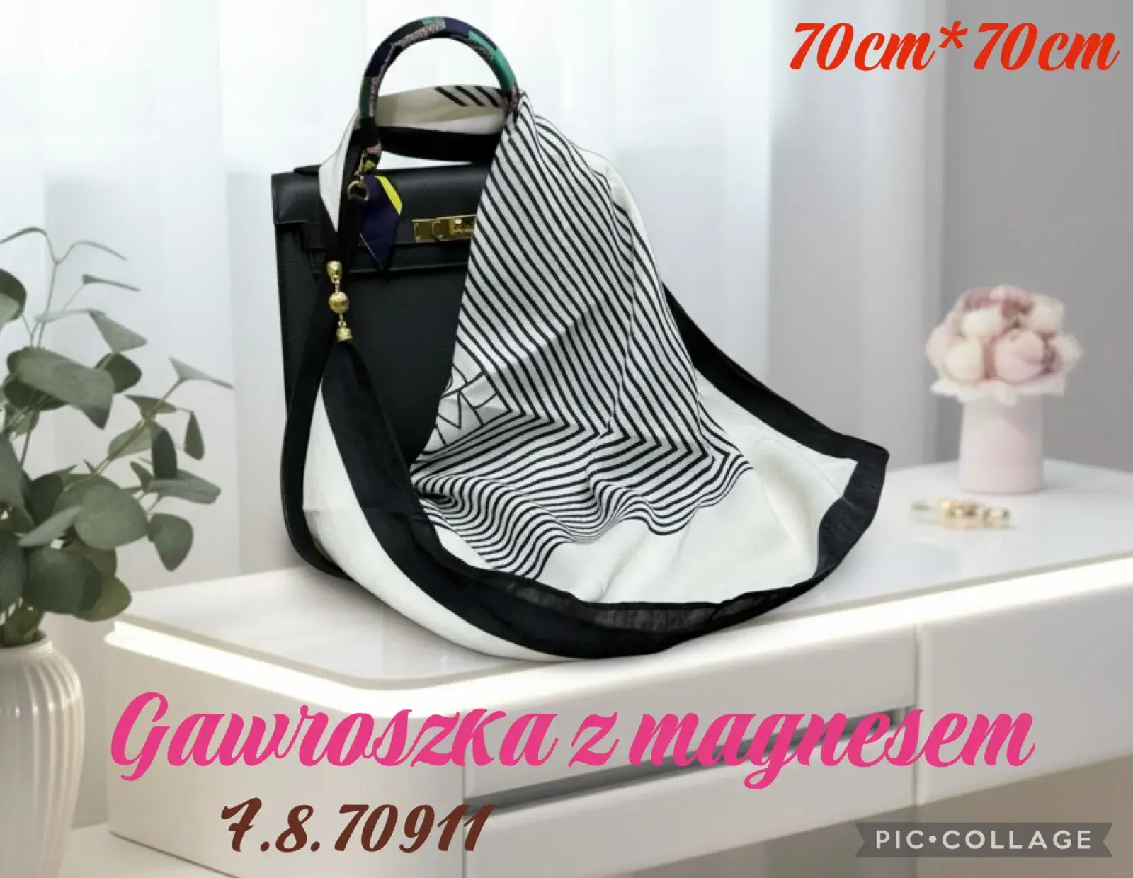 Chusta damska 70cm x 70cm biało-czarna z magnesem