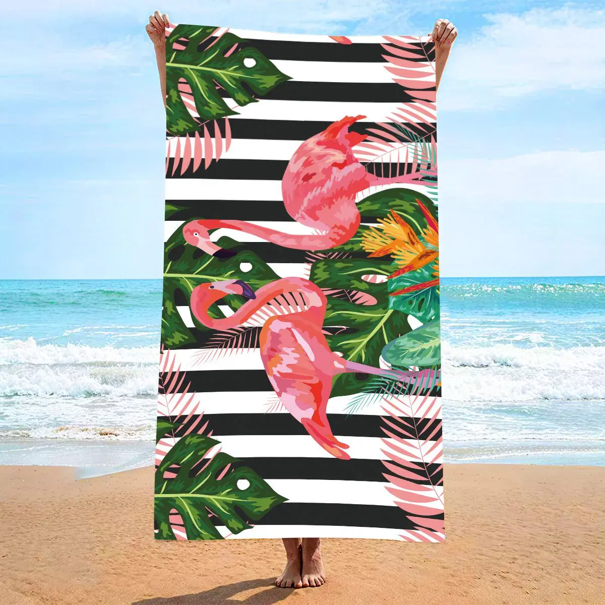 Ręcznik plażowy mikrofibra 70x140 cm flamingi i liście