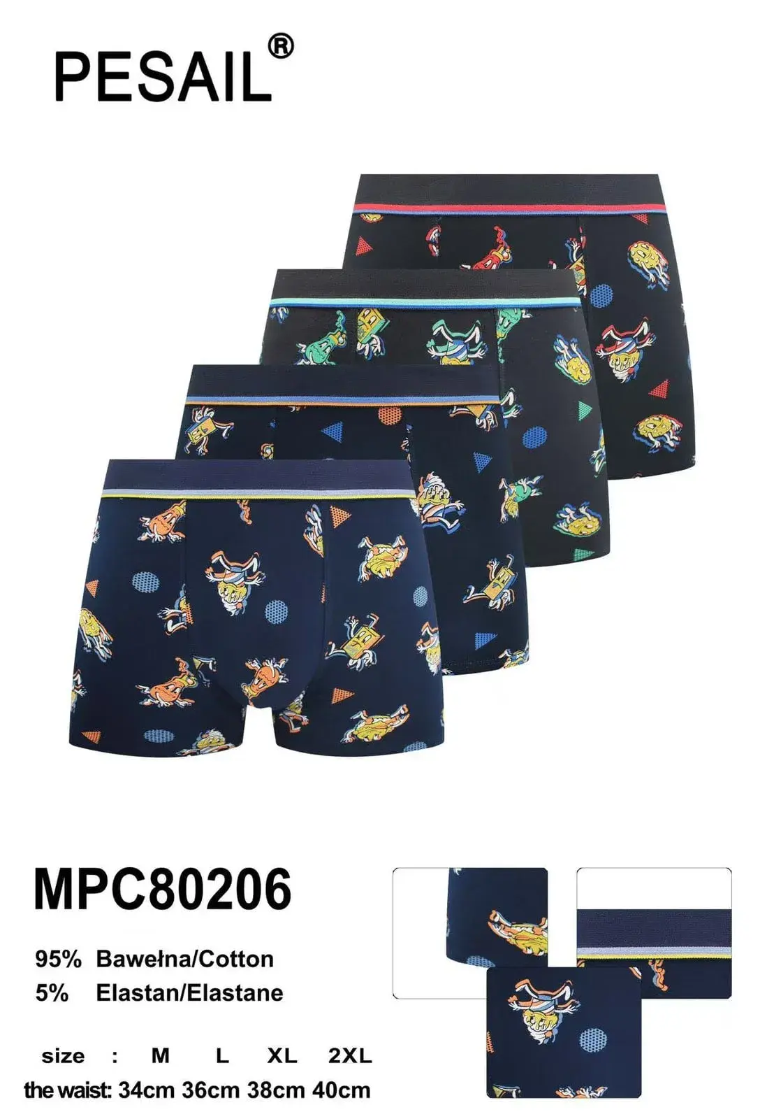 Bokserki męskie PESASAIL 95% bawełna, wzory, XL, 4 szt