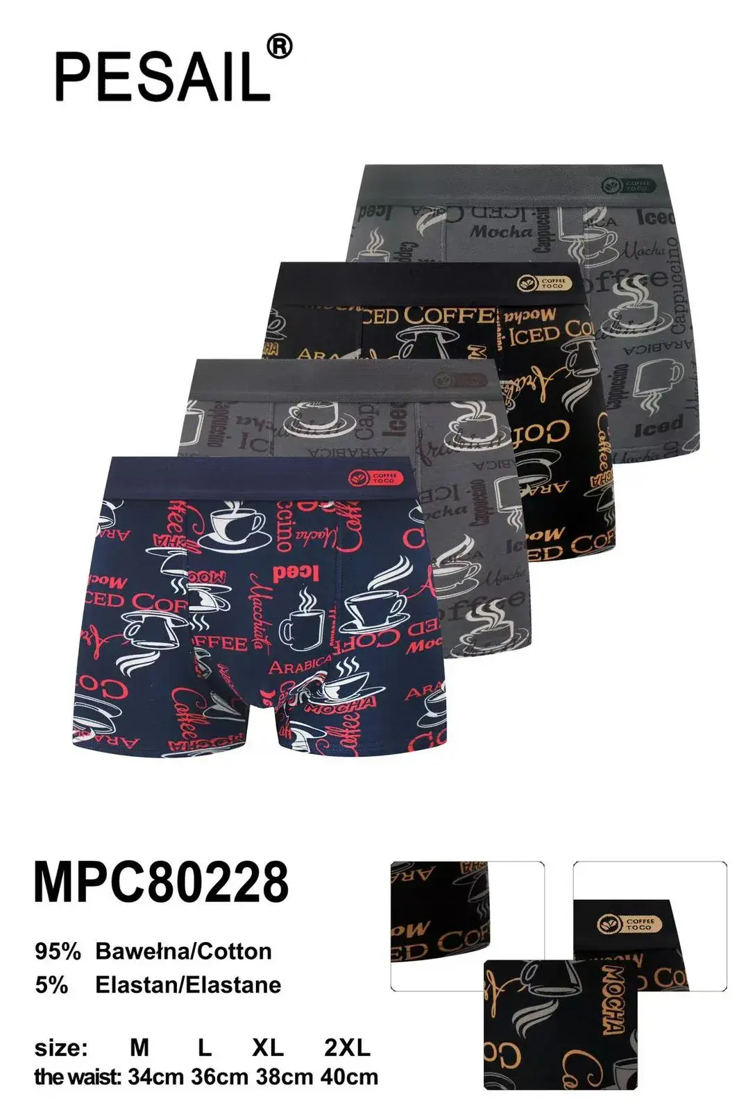 Bokserki męskie PESASIL motyw kawy 95% bawełna S-XXL