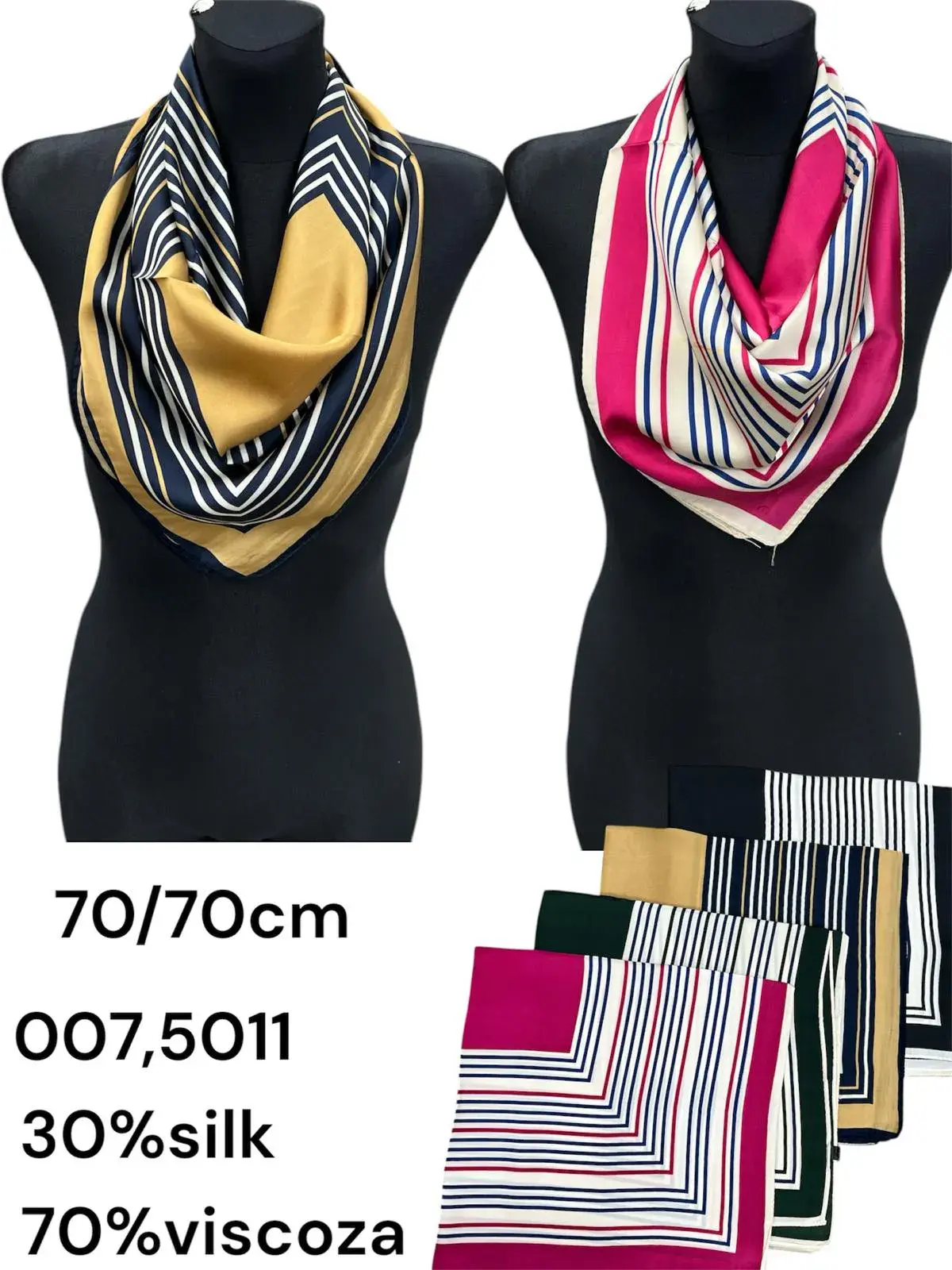 Szalik damski apaszka 70x70cm 30% jedwab 70% wiskoza paski mix