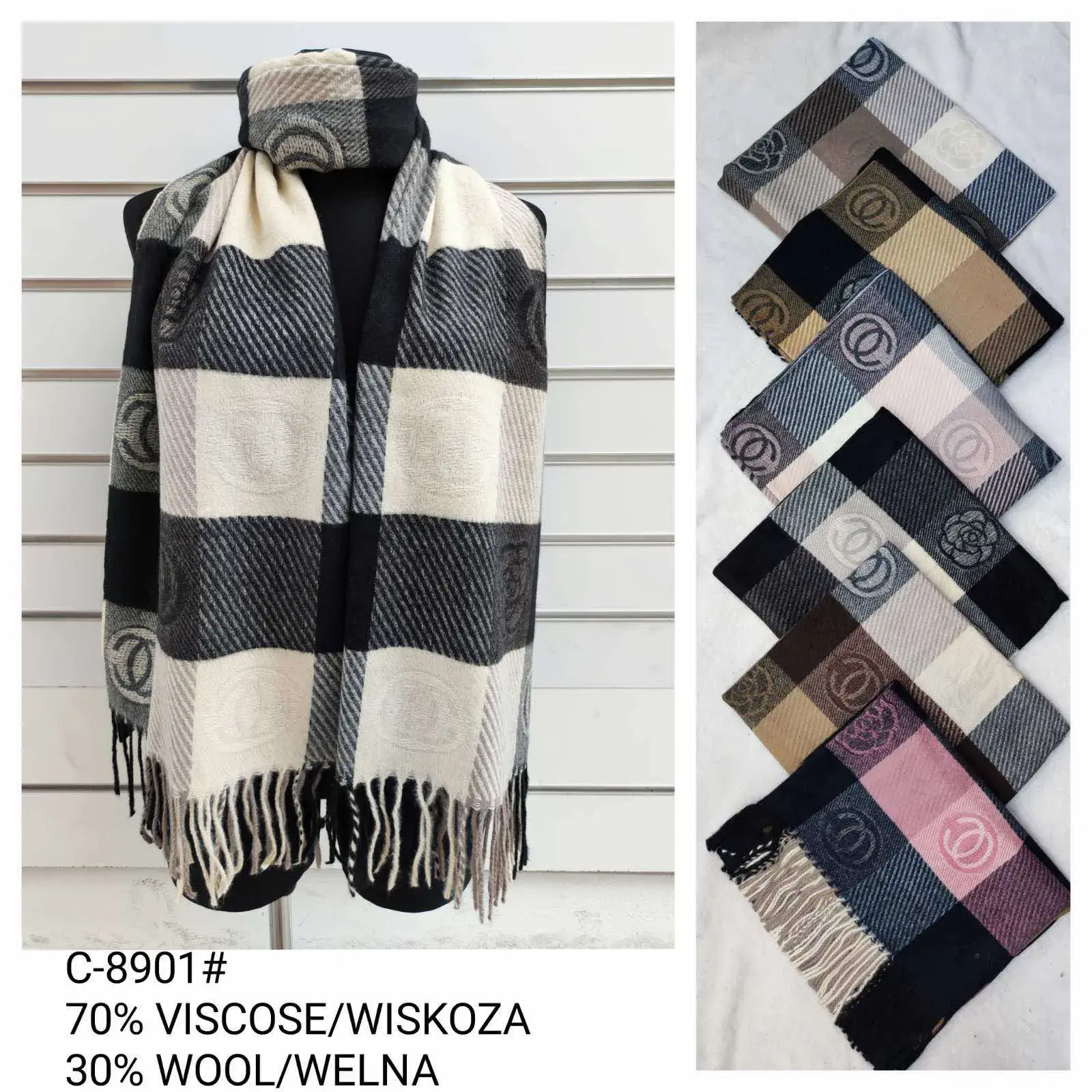 Szaliki damskie w kratę 70% wiskoza 30% wełna C-8901