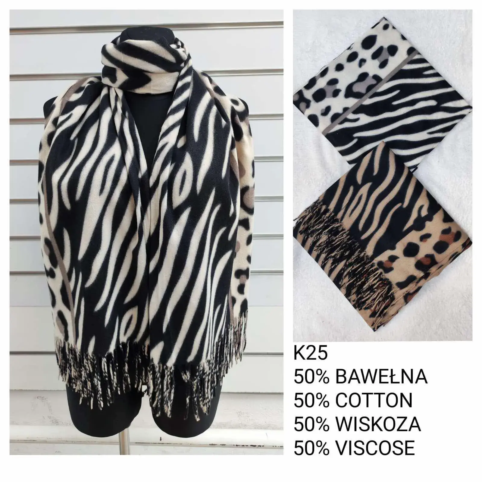Szaliki damskie w deseń zeberkowane 50% bawełna 50% wiskoza
