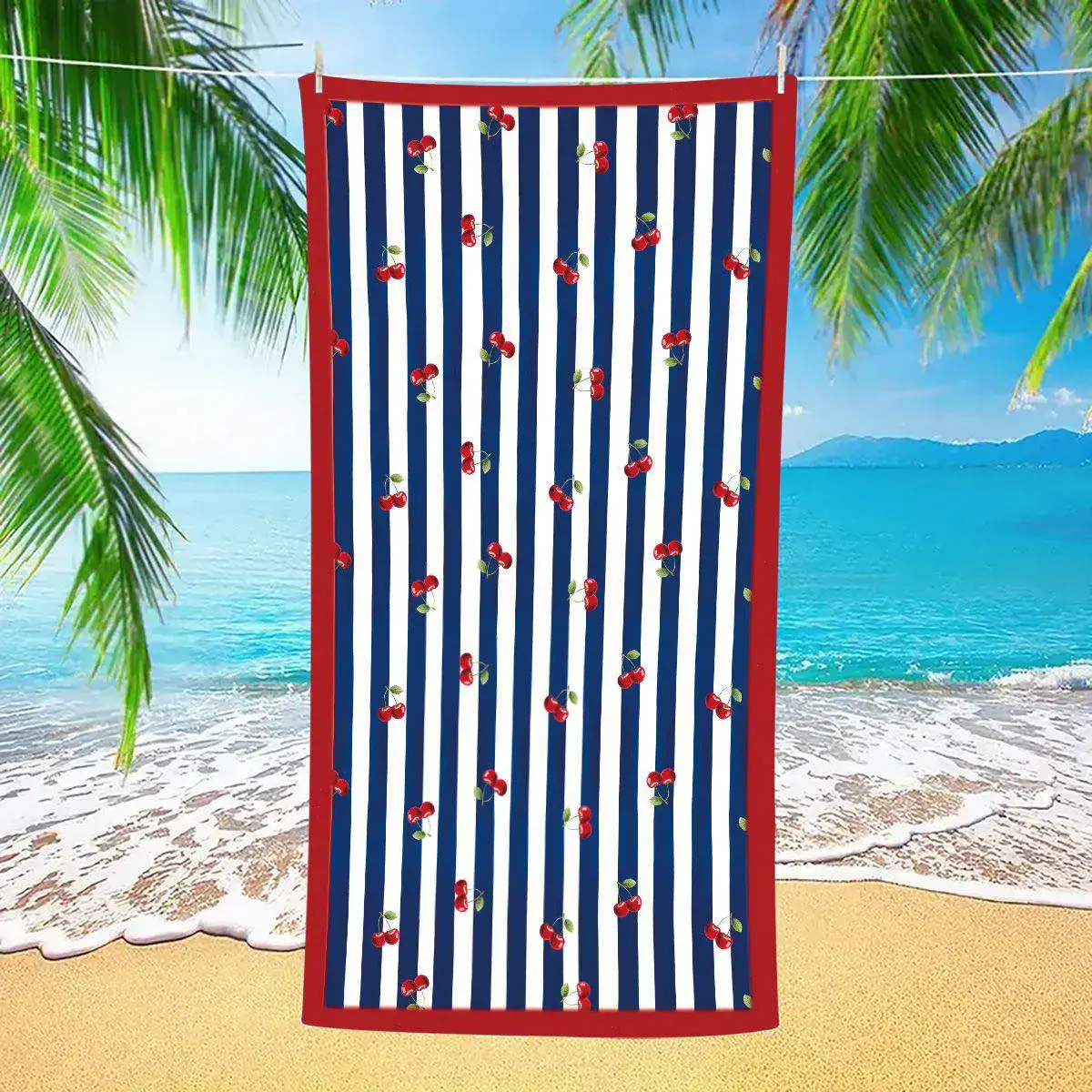 Ręcznik plażowy mikrofibra 70x140 cm granatowo-biały w czereśnie