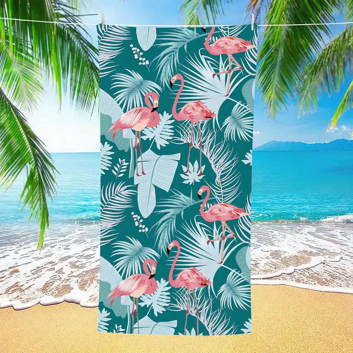 Ręcznik plażowy z mikrofibry 70x140 cm flamingi tropikalne