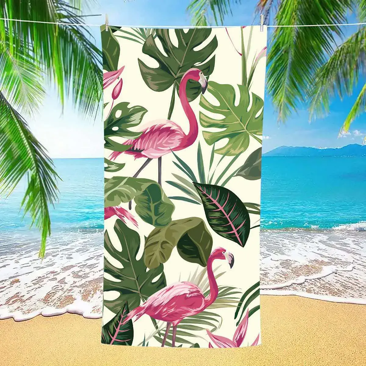 Ręcznik Mikrofibra Plażowy 70x140 cm Flamingi Monstera