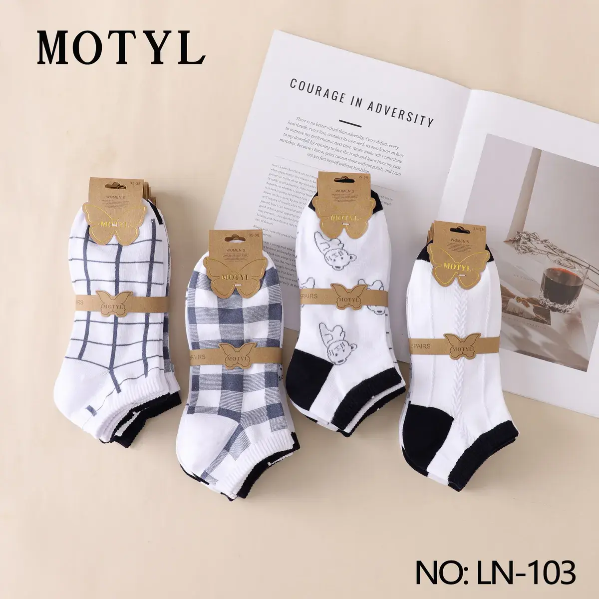 Motyl Skarpetki Damskie 5 Par Biały Granatowy LN-103