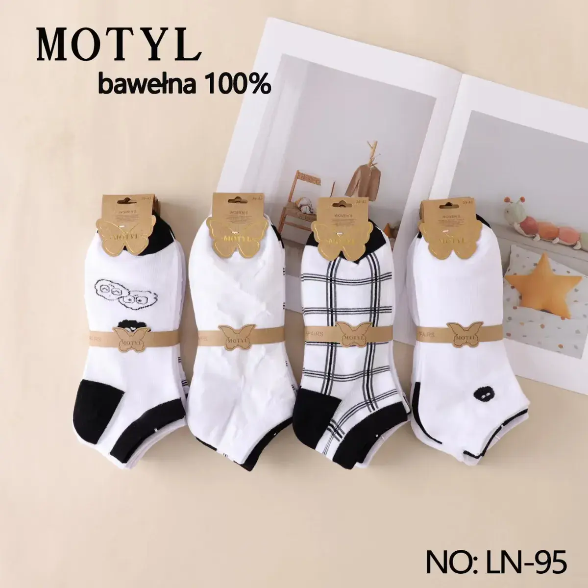 Skarpetki Motylek 4 pary bawełna 100% biało-czarne