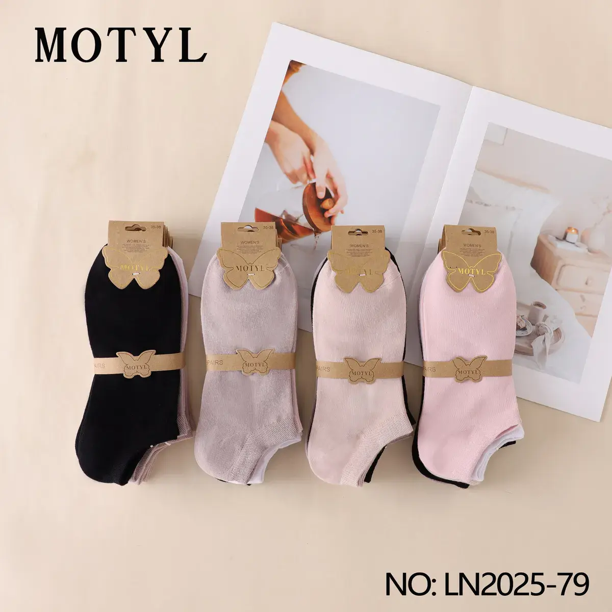 MotylYL Skarpetki damskie 3 pary EU 35-38 czarny beż róż